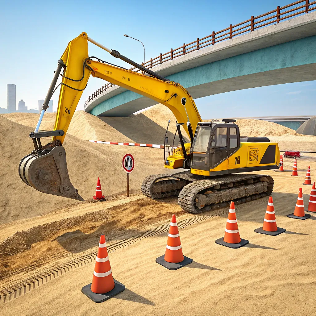 Excavator digging into a sandy construction site under a bridge, surrounded by traffic cones and road signs.