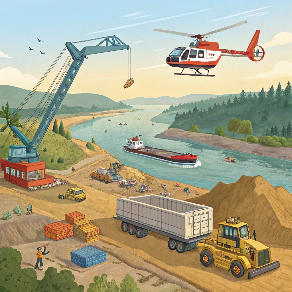 Overview of a dynamic sandbox world with cranes, helicopters, trucks, and ships working together along a river.